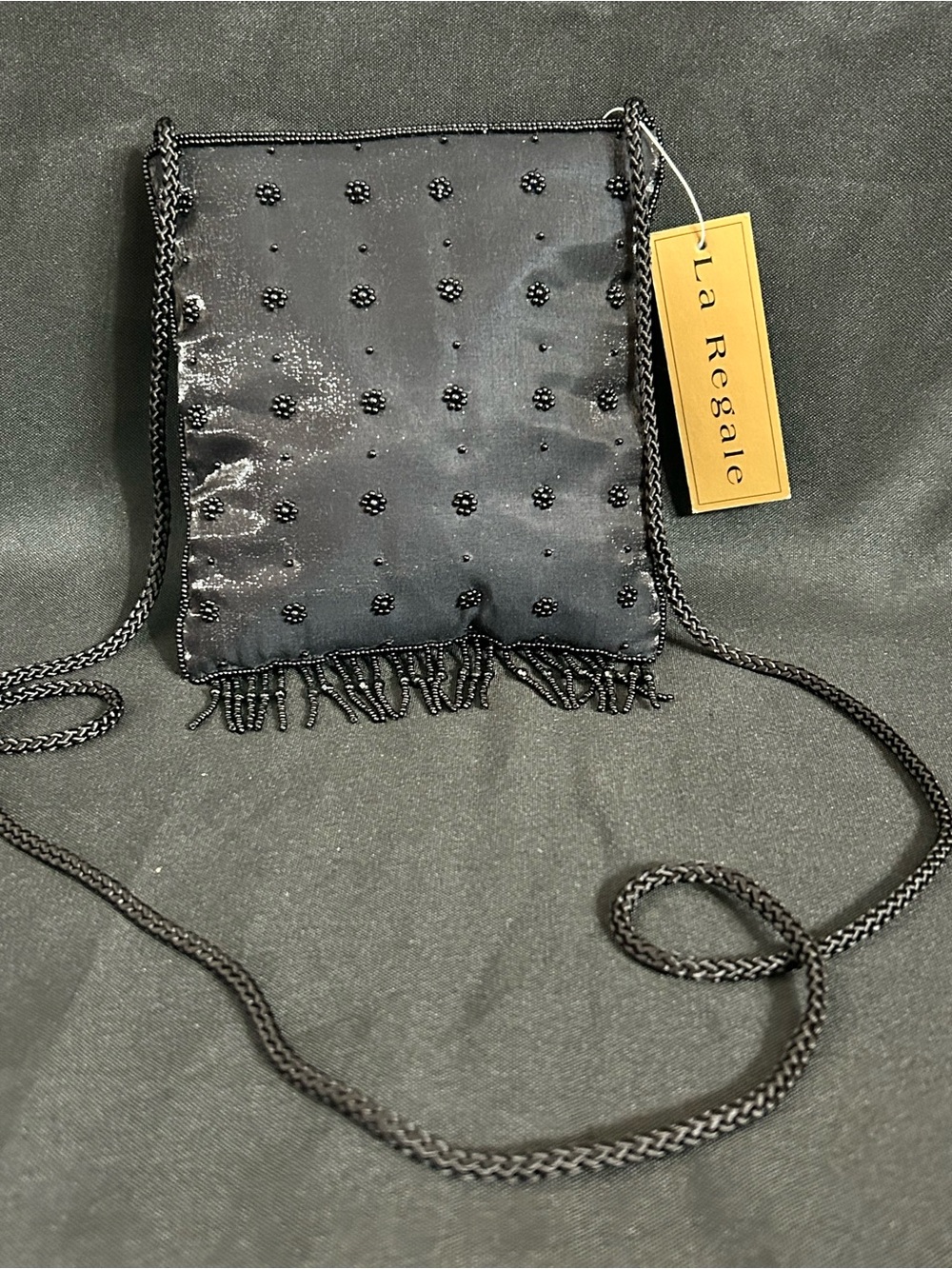 La Regale Black Beaded Fringe Crossbody Bag Cocktail Purse NWT
